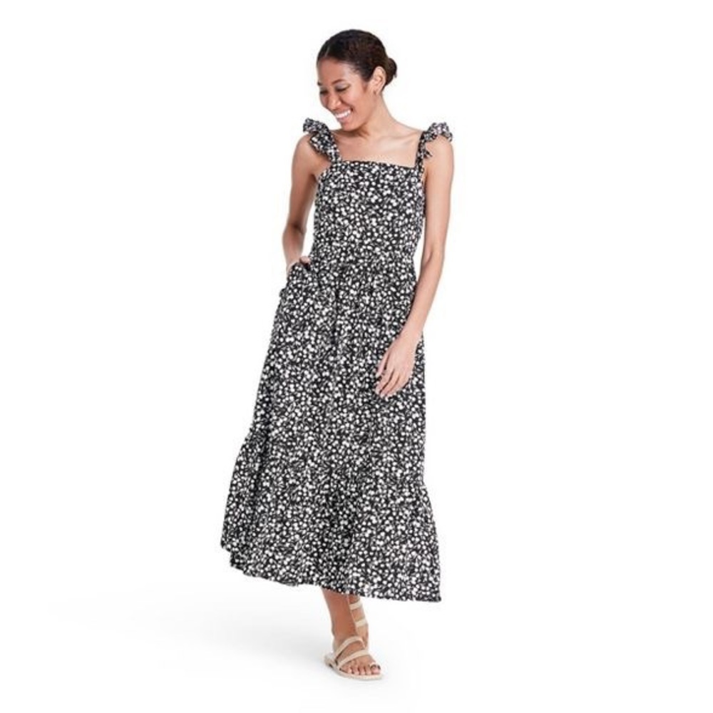 Rixo For Target Dress 4 Floral Ruffle Strap Pockets Sleeveless Black White NWT